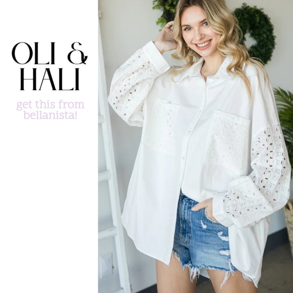 1753 OLI & HALI Off White Eyelet Sleeve Button Up Shirt